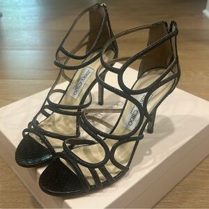 JIMMY CHOO SAZERAC BLACK GLITTER SNAKESKIN STRAPPY SANDALS